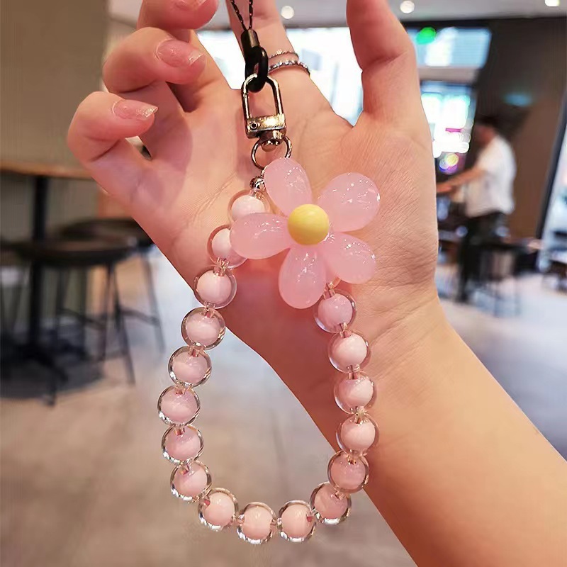 Korean Colorful Flower Beaded Mobile Phone Charm Strap Chain Lanyard Women Girl Jewelry Phone Holder Beads Pendant: Red / Pink
