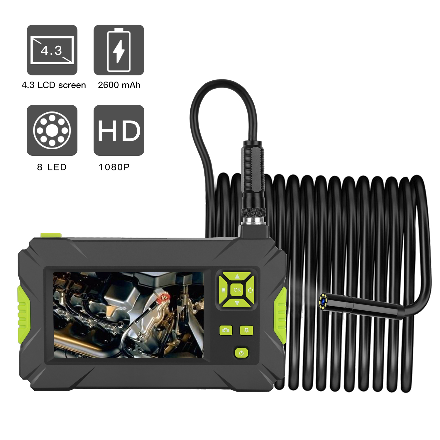 Endoscope 4.3 pouces LCD, écran couleur 1080P, portatif, industriel et domestique, avec 8 led, objectif de 8mm de diamètre