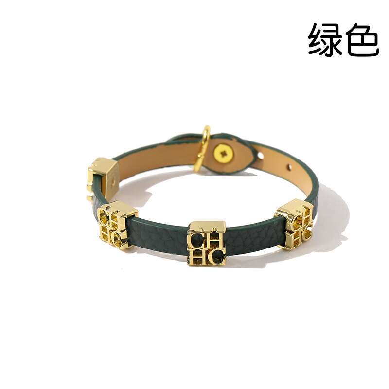 Titanium steel glossy gold CH lettered double loop leather bracelet for women: Black Gun Plated