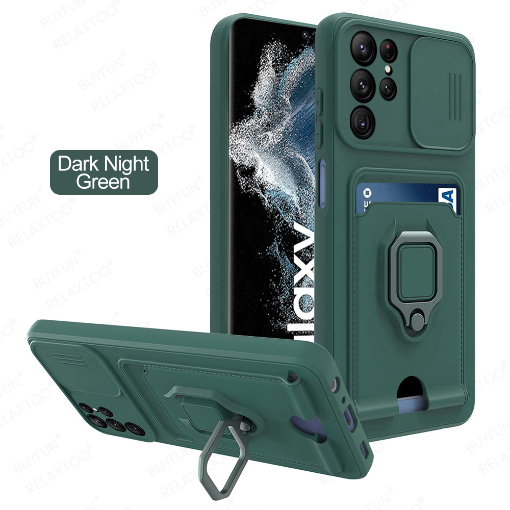 S22Ultra Case Push Slide Camera Protect Shockproof Cover For Samsung S22 Ultra S 22Ultra Car Magnetic Ring Stand Card Slot Cover: B10 / GREEN
