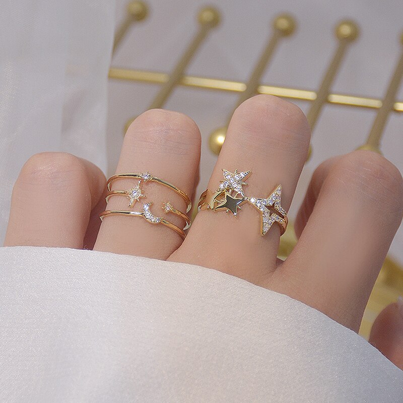 Romantische Zon Maan Ster Shine Cz Ring Voor Meisje Verstelbare Open Mode 14K Real Gold Bling Zirkoon Ringen sieraden Hanger