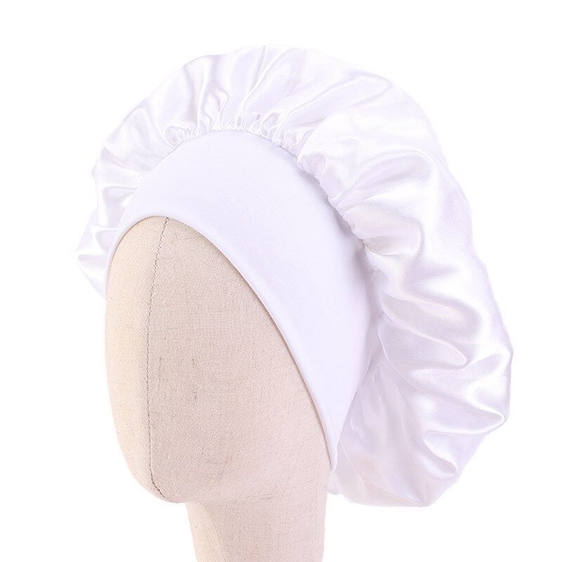 Baby Silky Satin Solid Wide-brimmed Sleeping Hat Girl Night Sleep Hair Cap Bonnet Nightcap For Children Unisex Hair Tool: white