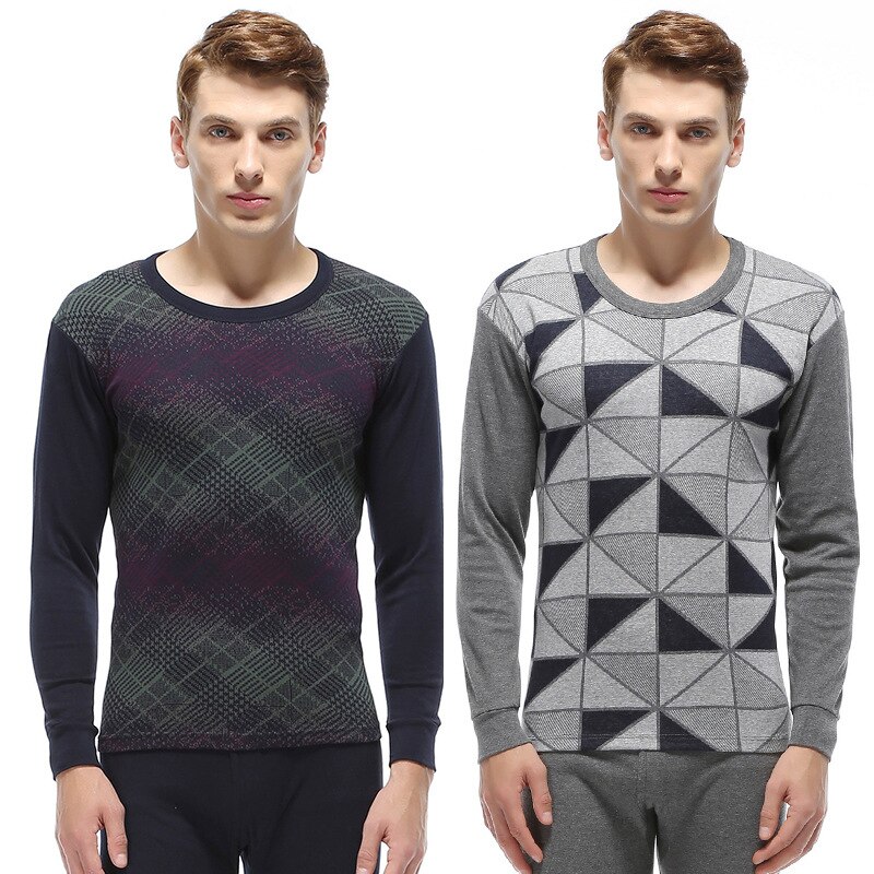 Men Plus Size Cotton Winter and Autumn Thermal Underwear Round Collar Undercoat Jacquard Long Johns Suit