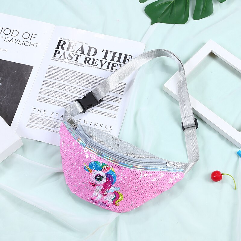 women leather waist bag cartoon sequin fanny pack for kid girl cute phone chest bag female belt bag fanny packs: 11