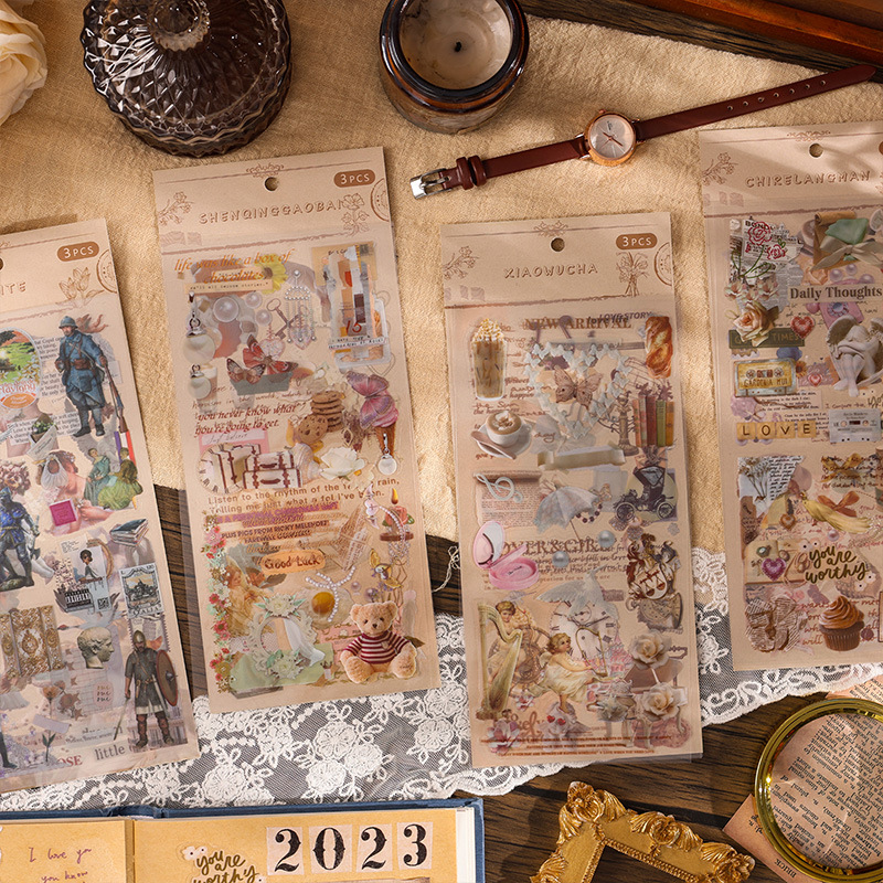 Journamm 3 unids/pack pegatinas Vintage Collage materiales de álbum de recortes DIY decoración de corte diario basura pegatinas estéticas impermeables para mascotas