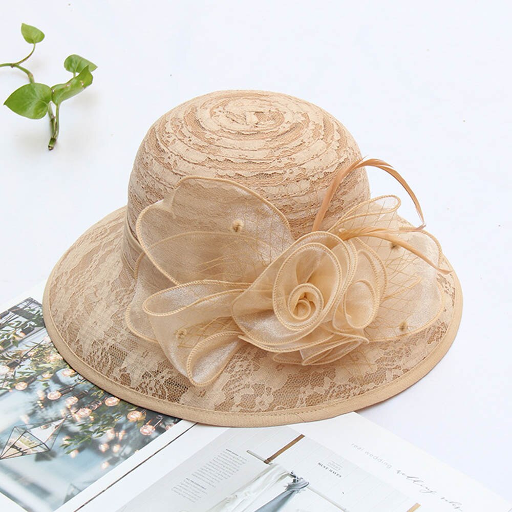 Fs Elegante Bloem Kant Garen Cloche Hoed Beige Opvouwbare Dames Zonnebrandcrème Mode Banket Brede Rand Tovenaar Hoeden: Khaki Derby Hat