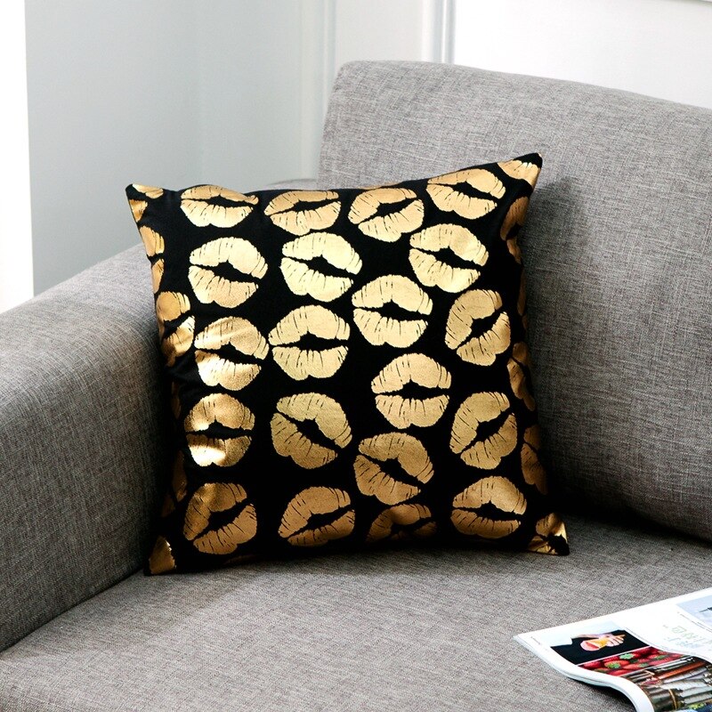 Cojín dorado negro bronce corazón labios lámina de oro cojines almohadones decorativos decoración para el hogar almohada sofá: C