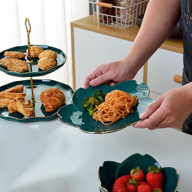 1pcs Ceramic Plate Dinner Set Green Kitchen Tableware Plates Flower Shape sauce dish Rice Salad Bowl Cake Dessert Plate