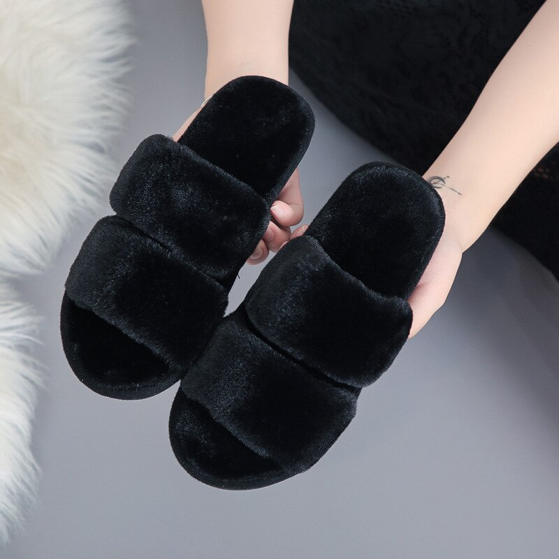 Femmes moelleux hiver pantoufles solide croix en peluche bout ouvert diapositives doux plat femme chaussures fausse fourrure pantoufle maison chaussures: Black / 36-37