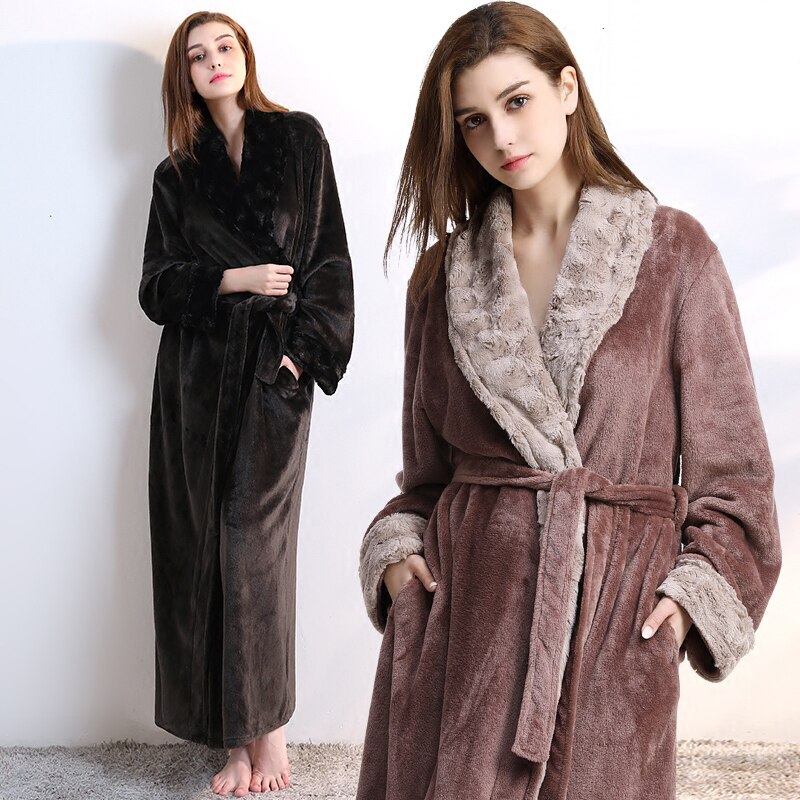 Women Men fur Neck Thick Warm Long Flannel Bathrobe Plus Size Kimono Bath Robe Winter Peignoir Dressing Gown Bridesmaid Robes