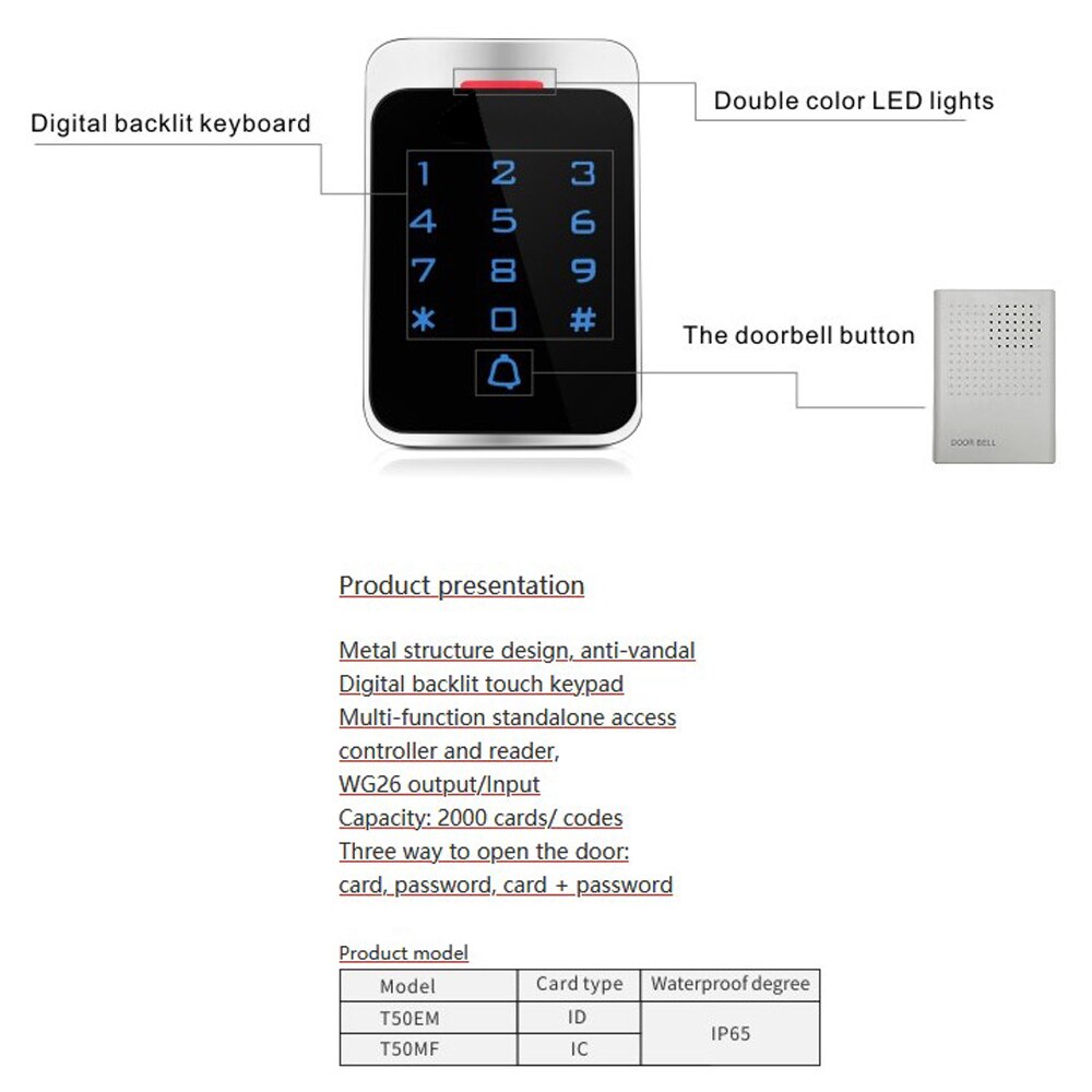 Metal Waterproof 125KHz RFID Touch Screen Keypad 13.56MHZ Standalone Access Controller Touch screen Door Lock SystemT50