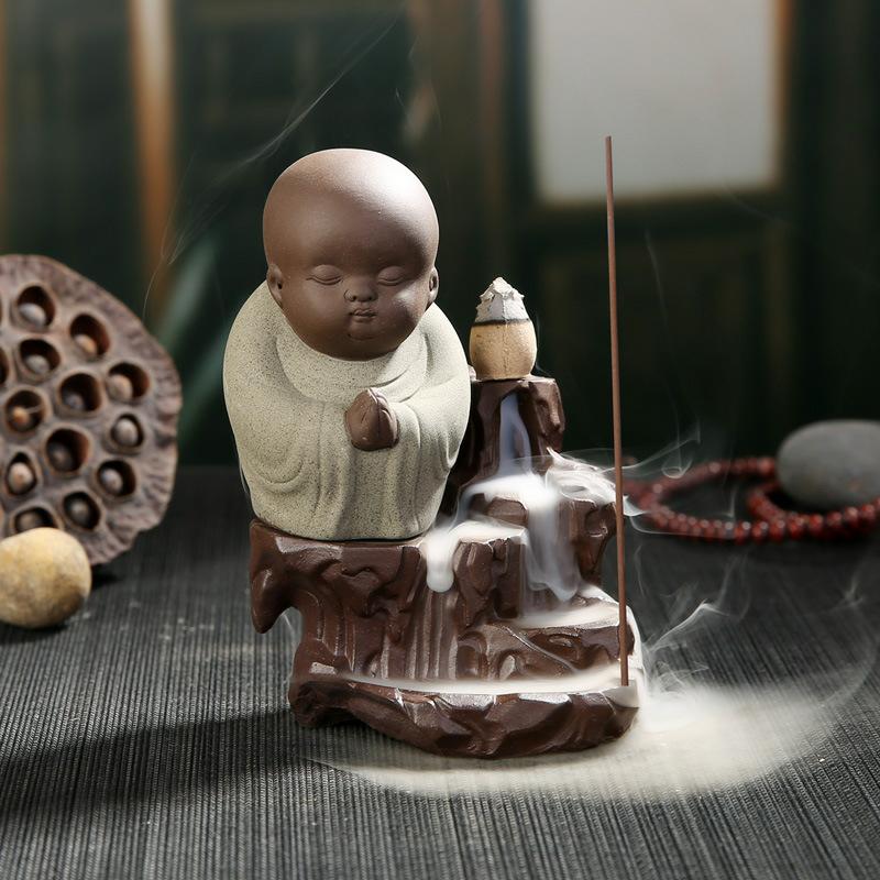 With 10Cones The Little Monk Censer Home Decor Small Buddha Incense Holder Backflow Incense Burner Use In Home Teahouse: WHITE