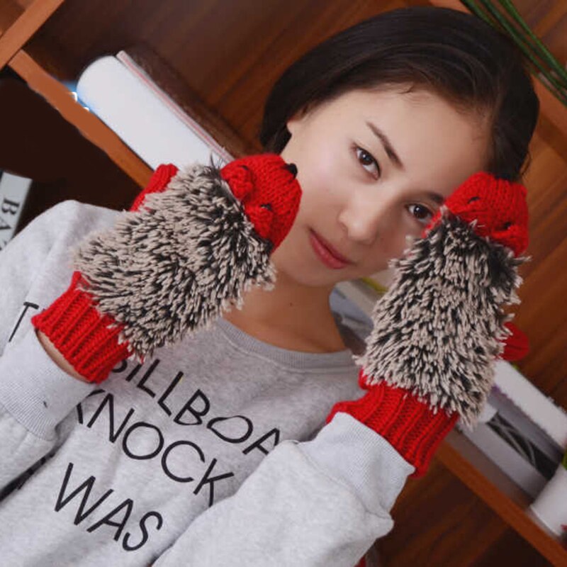 Słodki kreskówka zwierząt jeż jesień grube ciepłe zimowe rękawiczki studenci panie dziewczyny Kawaii pełna palec dzianiny na rękawiczki damskie: Czerwony