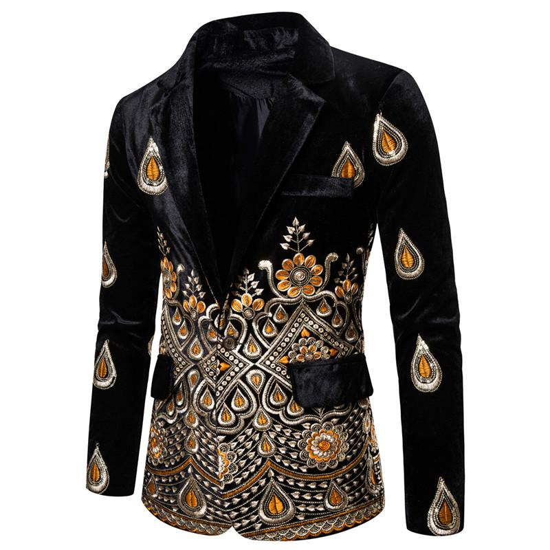 Blommiga broderade män bröllopskostymer sammetsblazers festsmoking formell brudgum slim fit kostym sångare scenjackor: Svart sammetsblazer / Xxl