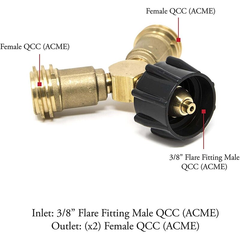 Propane Y-Splitter Tee Solid Brass with 1-Male QCC and 2-Female QCC for BBQ Grill, Heater, Propane Appliances