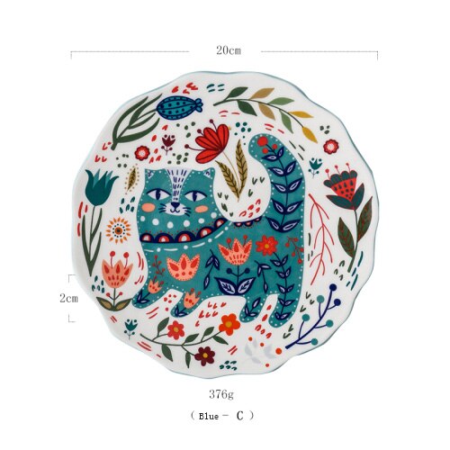 Plat de couleur en céramique dessin animé | Assiette ronde de couleur, style japonais peint à la main, chat chanceux, personnalité, vaisselle créative pour la maison, vaisselle nordique: Blue-C