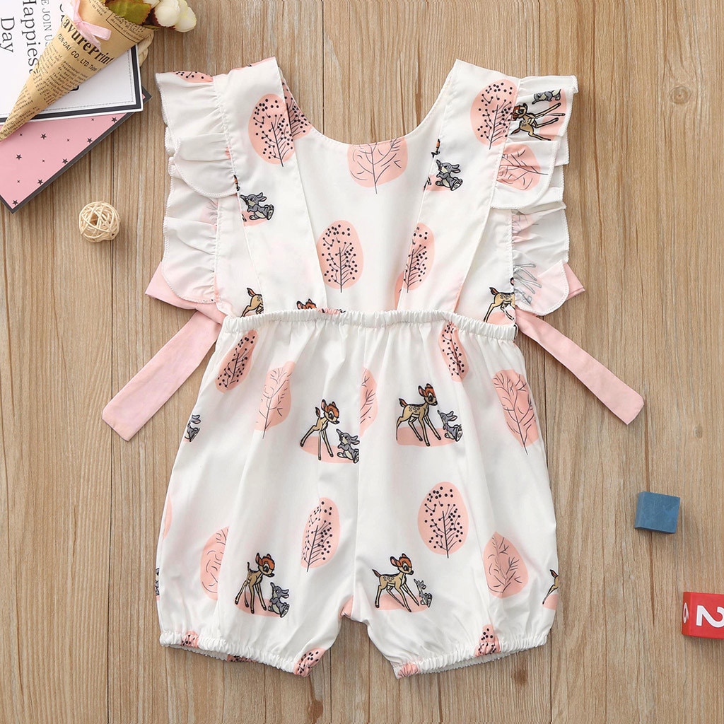 Newborn Infant Kawaii Printed Clothing Baby Girls Boys Bow Cartoon Deer Romper Summer Casual Toddler Jumpsuit Sleeveless Outfits