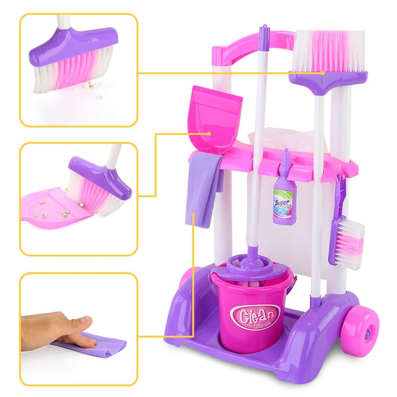 Children Kids Pretend Play Housekeeping Toys Simulation Cleaning Tools Kit Sweeping Mop Brush Trolley Cleaning Toys Set