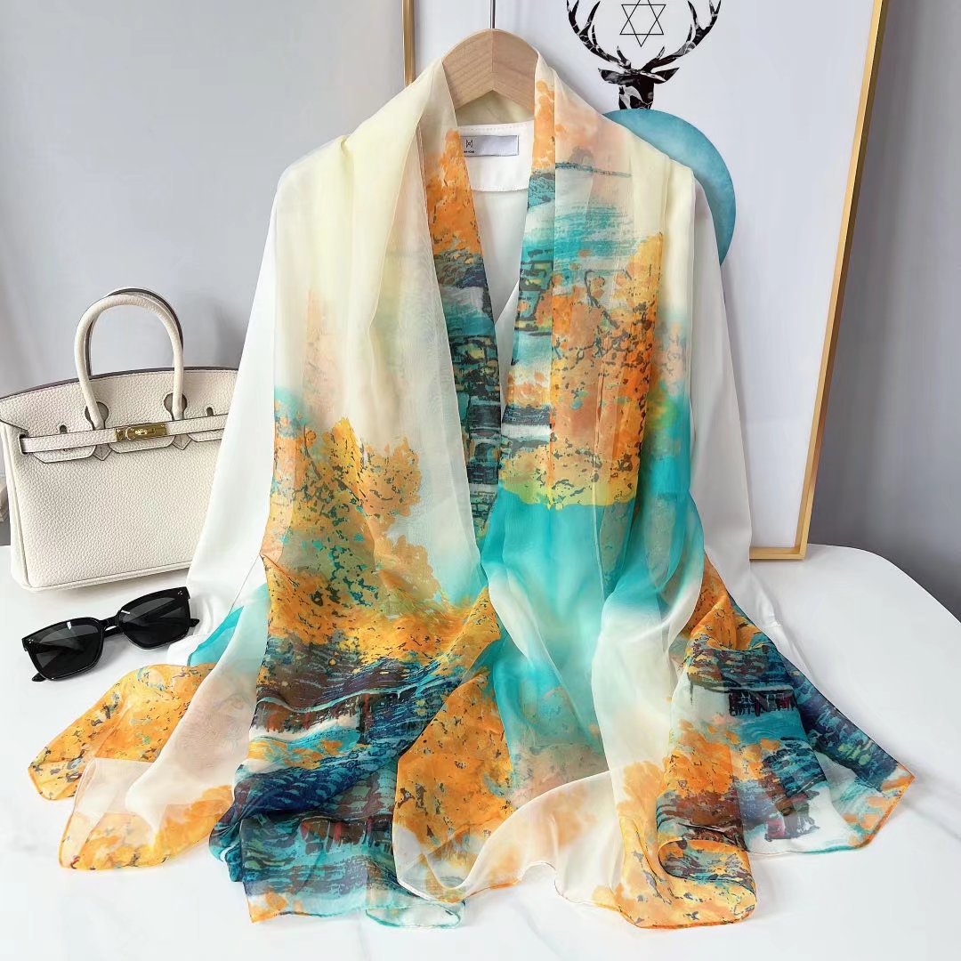 Lenço de seda estampado hijab feminino primavera deisgn macio praia estolas elegantes lenços de cabeça echarpe xale cetim grande envoltório echarpe bandana