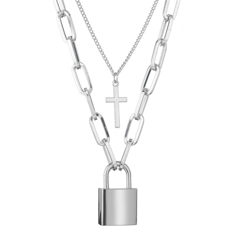 LETAPI Persoonlijkheid Cross Lock Metalen Multilayer Hip hop Lange Chain Cool Eenvoudige Ketting Voor Vrouwen mannen Sieraden