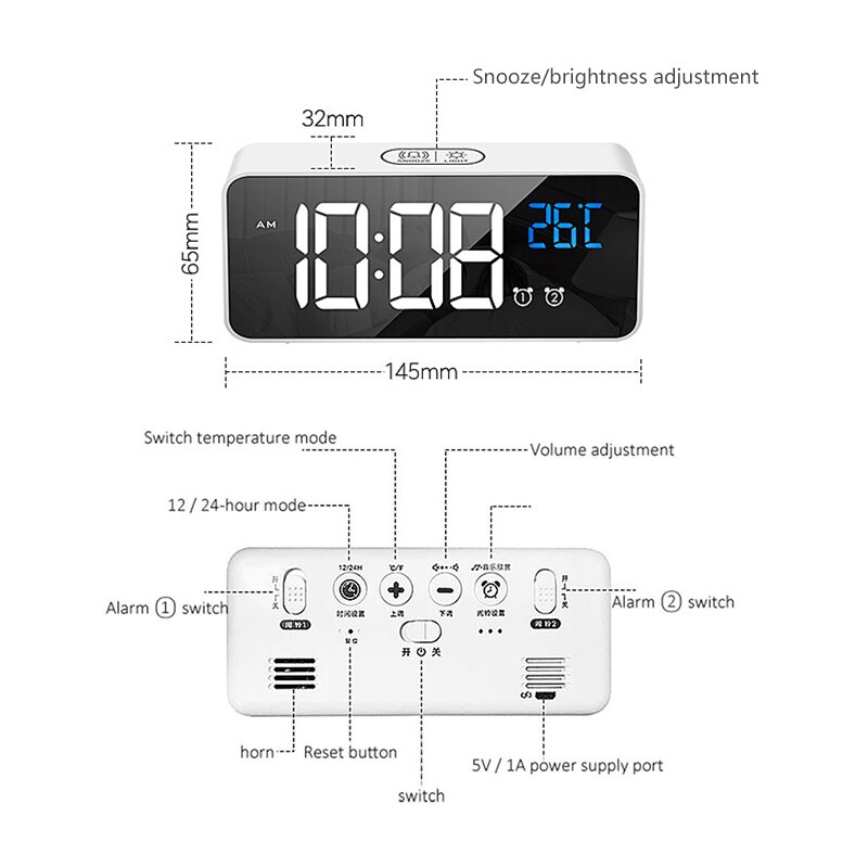 Led Digitaal Alarm Thermometer Display Spiegel Elektronische Klok Tafel Klok Met Usb Kabel Nachtlampje Modus Woondecoratie