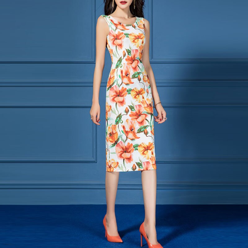 Dress Suit Women Long Chiffon Jacket and Floral Print Sleeveless Pencil Dress Two 2 Piece Set Spring Summer Fall Clothes
