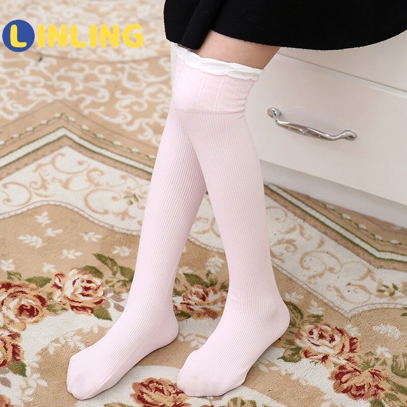 LINLING Summer Infant Over Knee High Socks Girls Mesh Breathable Stockings Autumn Toddler Girls Cotton Socks Solid Color P125