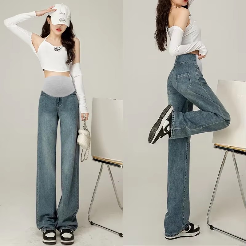 Denim graviditets lige lange jeans vide ben løse mavebukser tøj til gravide kvinder graviditets afslappet tøj