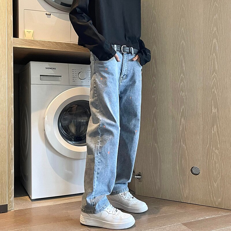 Splash Ink Blue/Black Jeans Men Stretch Casual Baggy Jeans Men Streetwear Loose Hip Hop Straight Denim Pants Mens M-3XL