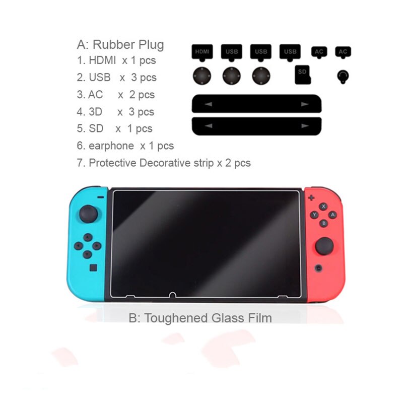 Kit de súper juego, accesorios de protección para Nintendo Switch, Protector de pantalla de vidrio templado + enchufe antipolvo para host TNS-862