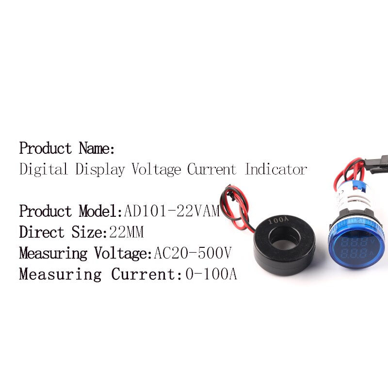 22mm okrągły kwadrat podwójna lampa doprowadziło wskaźnik pilot LightDigital woltomierz amperomierz 0-100A wzmacniacz napięcie wolt miernik testowy AC 20-500V: VAM okrągły niebieski