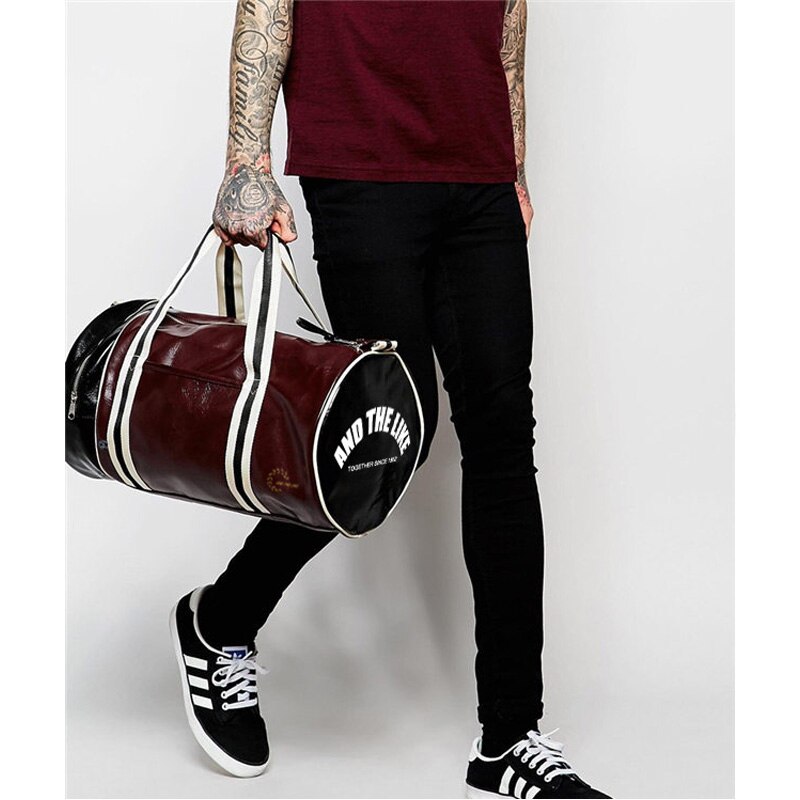 Pu Leather Shoulder Travel Bag Gym Bag Men Fitness Women Portable Training Bag Traveling Handbag Striped Sac De Sports Bags: Wine red-black