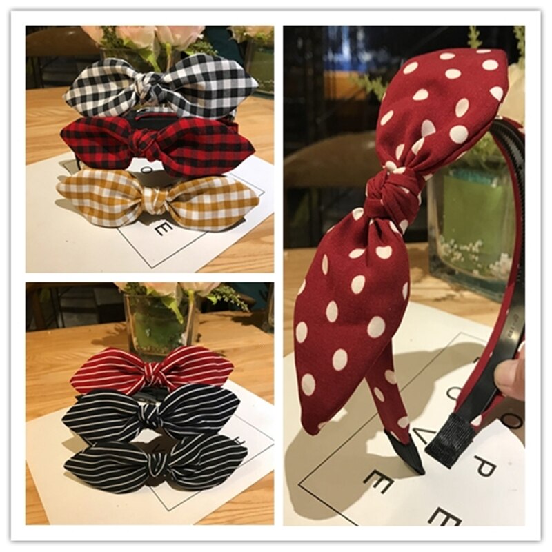 Sweet Girl Hair Band Solid Ribbon Dot Headband Soft Plaid Hair Hoop Bow Knot Headwear Rabbit Ear Hair Accessories Hair Ornament