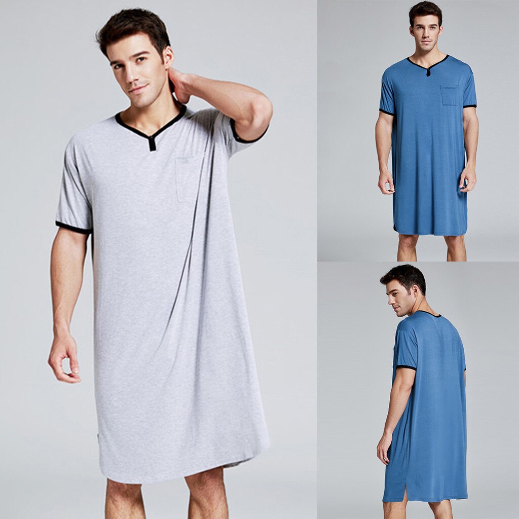 Men Sleepwear Long Nightshirt Short Sleeve Nightwear Night Shirt Soft Comfortable Loose Sleep Shirt Male Home Clothing#g3