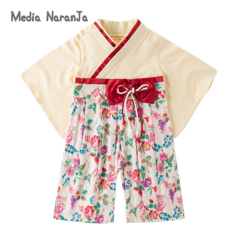 Baby Meisjes Lente Herfst Lange Mouwen Baby Jumpsuit Japanse Stijl Witte Bloemen Gedrukt Patroon Strik Gedrukt Kimono Romper: 24M