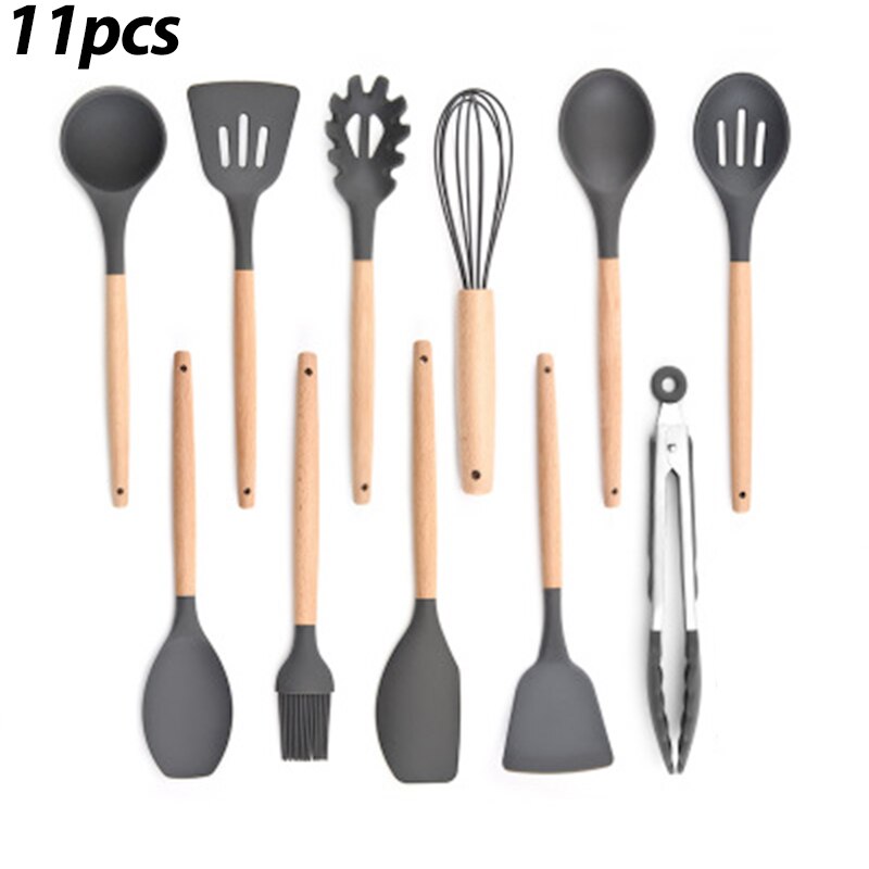 12/11PCS White Silicone Kitchenware Cooking Utensils Set Heat resistant Non-Stick Pan Cooking Spatula Spoon Wooden Handle: Dark Grey 11pcs