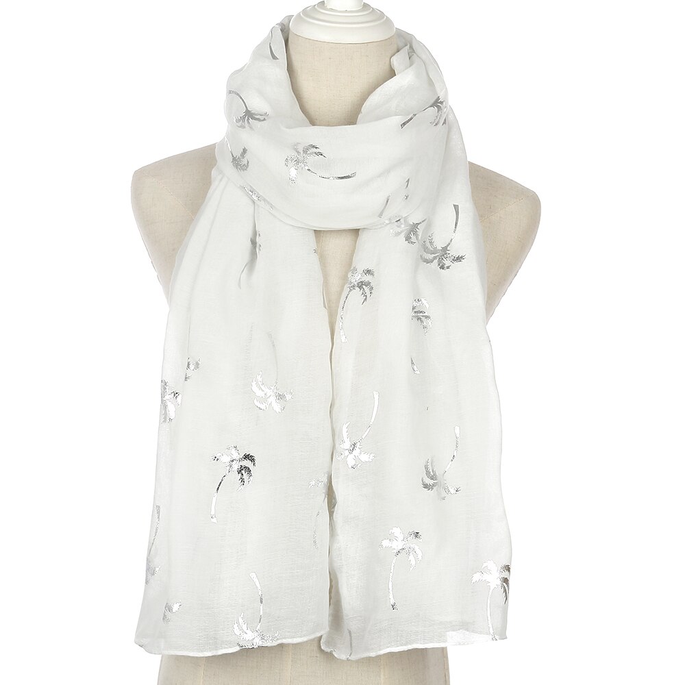 FOXMOTHER Spring Summer White Grey Navy Coconut Tree Shiny Silver Foil Scarf Glitter For Womens