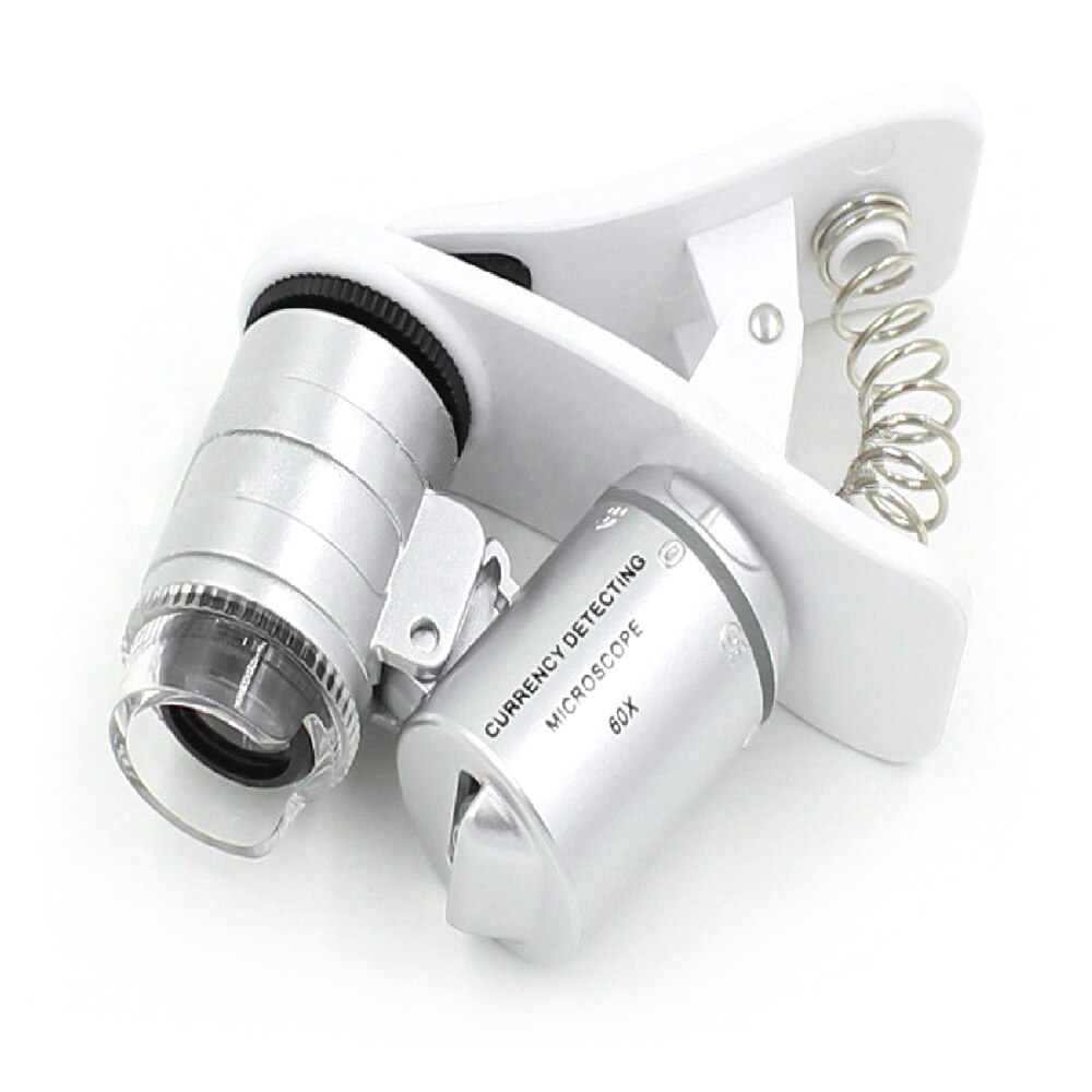 60x Clip op Vergrootglas Voor Telefoon Camera Universele Smartphone Mini Microscoop Loep Vergrootglas Met Led-verlichting Batterijen