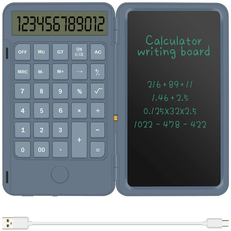 Zienstar Hand-Held Rechargeable Inkless Calculator With 6.5 Inch LCD Writing Tablet Lock Button and E-Pen,12 Digit Display: Grey