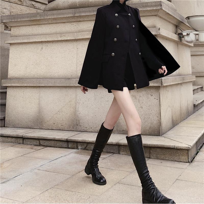 Manteau de cape noir pour femme, en laine, mi-long, col montant, ample, hiver
