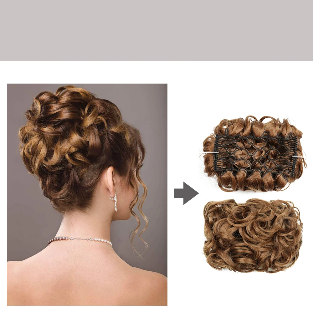 Moño de pelo sintético para mujer, moño rizado marrón Rubio, moño desordenado, peine, Clip en extensión de cabello, Updos, postizos