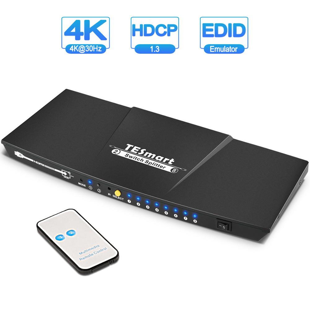 Tesmart 2 In 8 Out Hdmi Switch Splitter 2X8 Met Ir Afstandsbediening Dual Display Resolutie Aan Tot 4K(3840*2160) 1080P 3D, Grijs, Rood