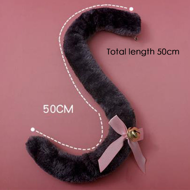 Plush Long Cat Tail with Ribbon Bowknot Bell Plush Furry Cat Ears Headwear White Lace Women Girls Party Cosplay