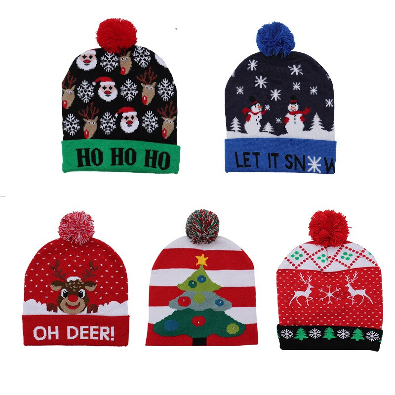 Gorros navideños con luces LED para niños y adultos, gorro de punto colorido y luminoso, de decoración navideña