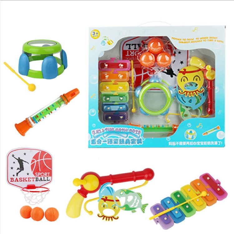 5IN1 Tub Bath set Children Bathing Shower Water Flute Whistles Music Basketball Water Diy detachable Piano Fishing game For kids