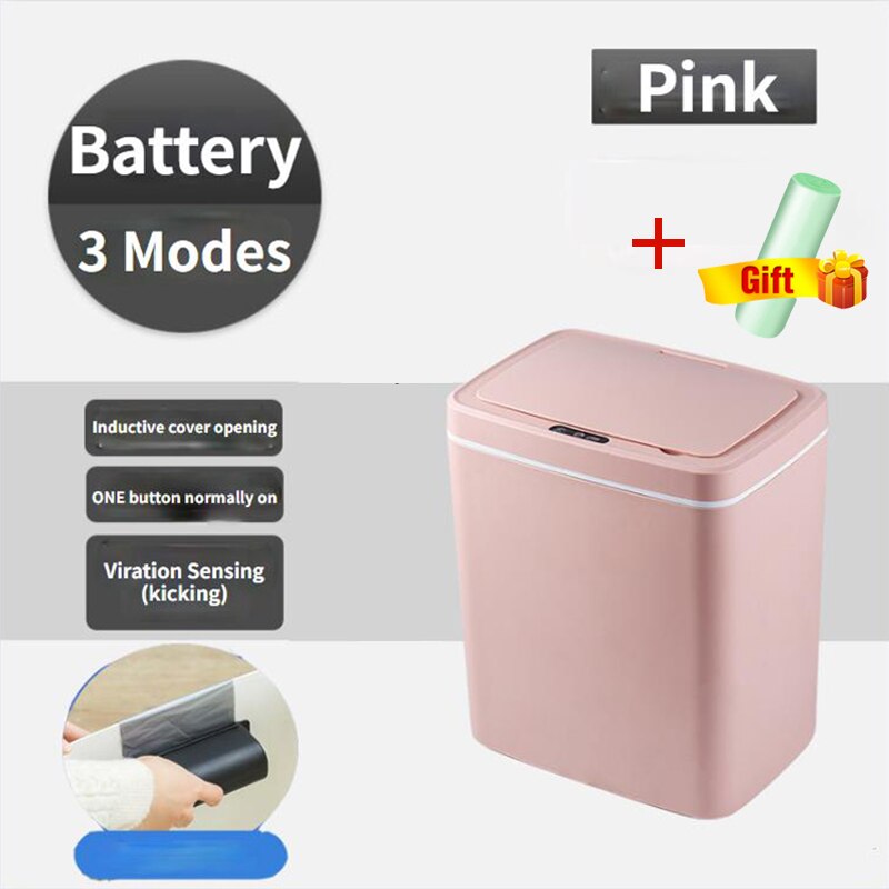 Smart Induction Trash Can Automatic Intelligent Sensor Dustbin Electric Touch Trash Bin for Kitchen Bedroom Office Garbage: Battery pink / 14L