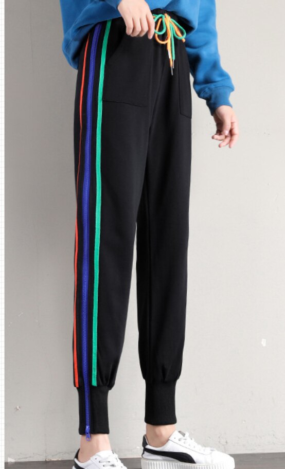 Bukser til kvinner joggebukser bomullsfarge glidelås sidestriper joggere sportsbukser jogge sport jogge joggebukser: Svart / Xxl