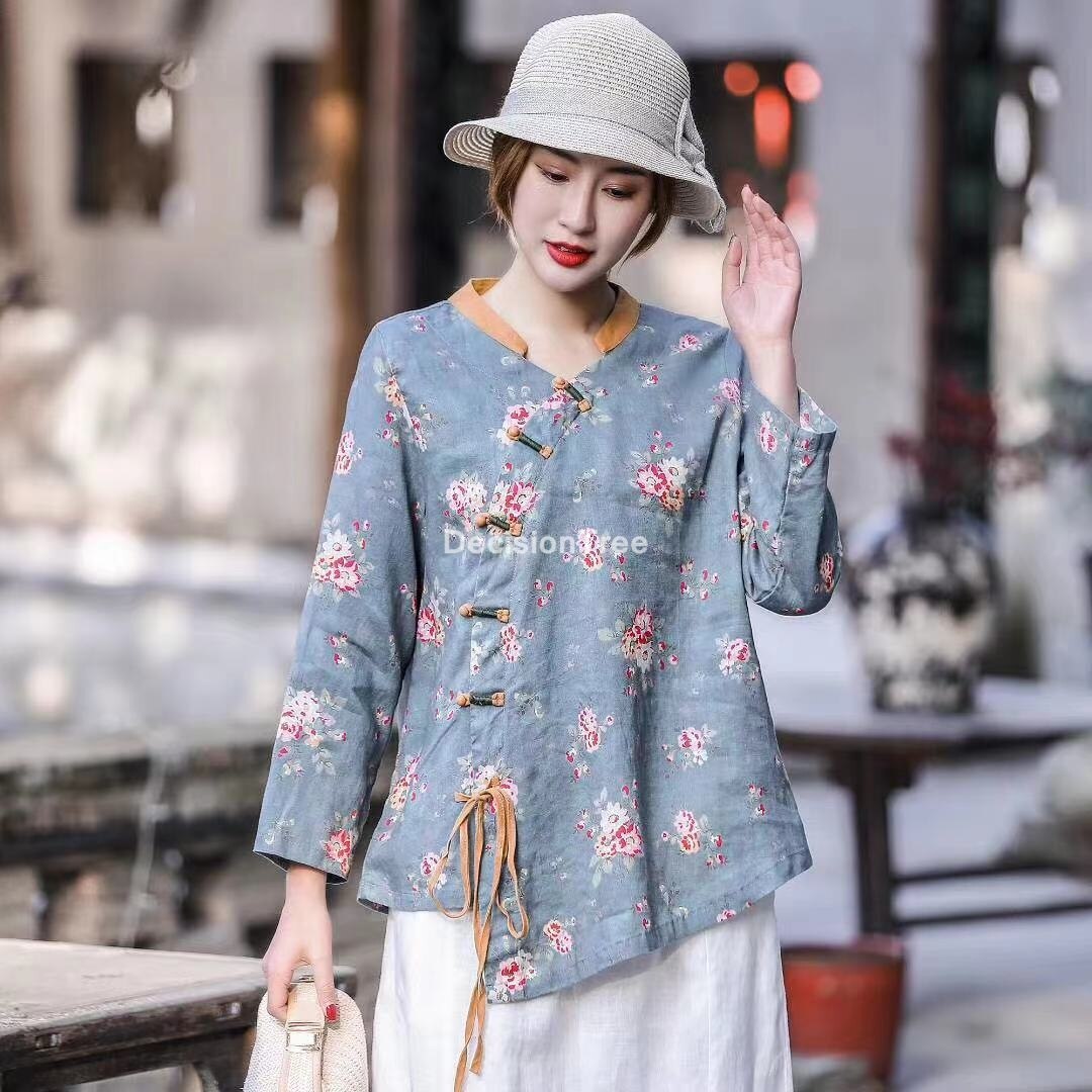 2022 woman traditional chinese qipao top cotton linen half sleeve bow hanfu tops chinese casual vintage tang suit shirt: color6