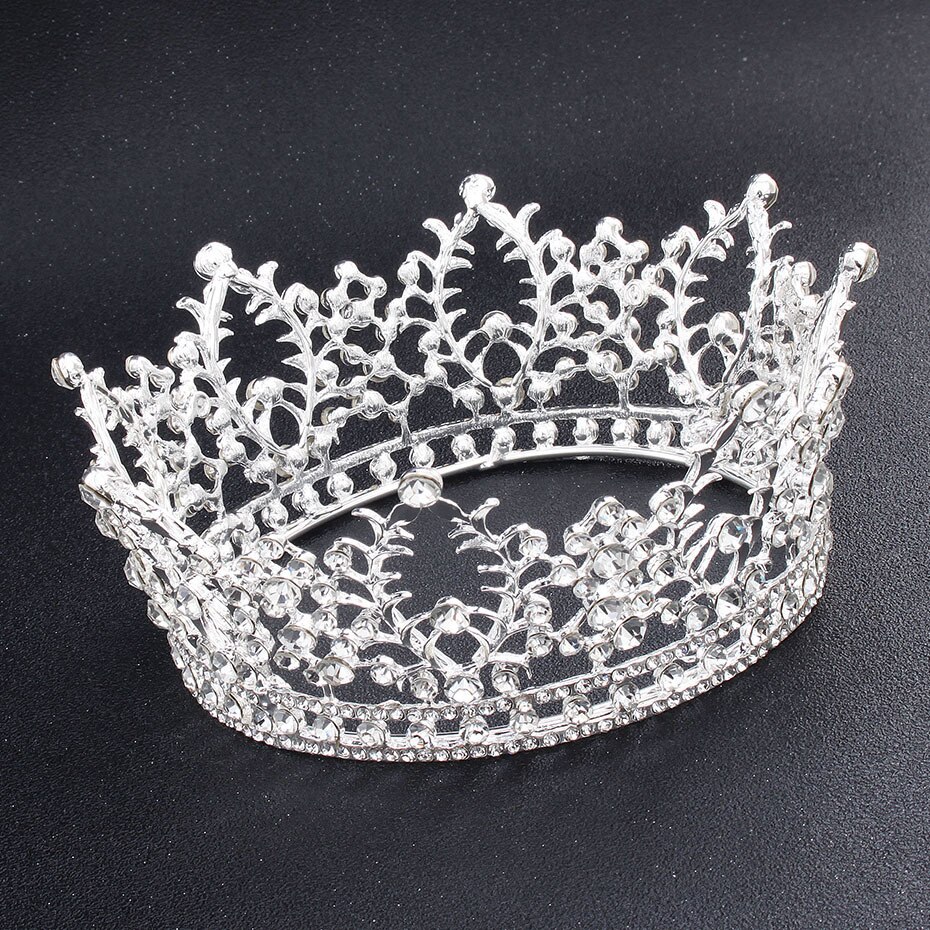round bridal crown Baroque diamond crown wedding dress headdress cake crown: Silver White Diamond