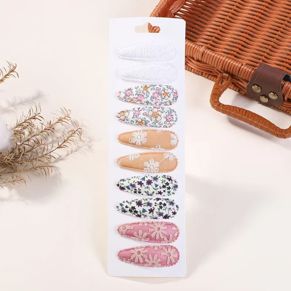 10Pc/Lot Ins 2.2inch Flower Print Cotton Alloy Hair Bow Snap Clips Set Fabric Plaid Bobby Hairpins Hairgrips Girls Kids Headwear: GRAY